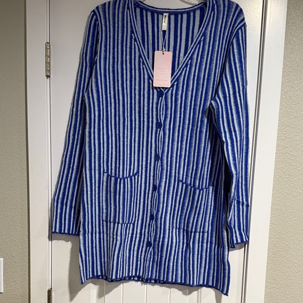 Blue and White Striped Cardigan